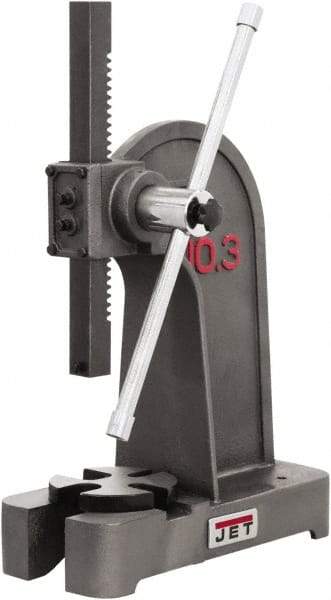 Jet - 1/2" Ram, 7-7/8" Throat Depth, 2 Ton Manual Arbor Press - 7-7/8" Max Work Height x 11-3/8" Max Work Width, Single Leverage, 6-3/8" Base Width x 17" Base Depth - Americas Industrial Supply