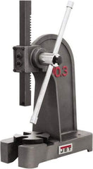 Jet - 1/2" Ram, 7-7/8" Throat Depth, 2 Ton Manual Arbor Press - 7-7/8" Max Work Height x 11-3/8" Max Work Width, Single Leverage, 6-3/8" Base Width x 17" Base Depth - Americas Industrial Supply