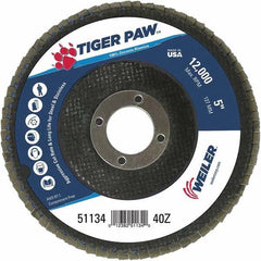 Weiler - 40 Grit, 5" Disc Diam, 7/8" Center Hole, Type 29 Zirconia Alumina Flap Disc - 12,000 Max RPM, Phenolic Backing, Arbor Attaching System, Coated - Americas Industrial Supply