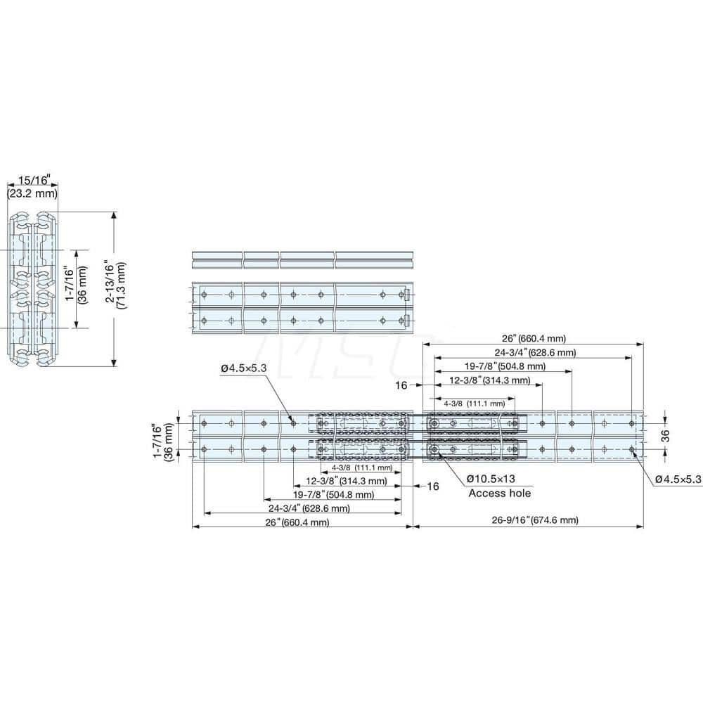 Drawer Slides; Type: Drawer Slide; Extension Style: Full; Slide Length: 660.60; Travel Length: 674.60; Load Capacity (Lb.): 440.000; Width (Inch): 0.91; Finish/Coating: Zinc Plated; Additional Information: Mounting Type: Side; Closure Type: Conventional;