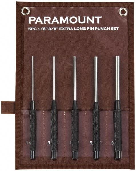 Paramount - 5 Piece, 1/8 to 3/8", Pin Punch Set - Round Shank, Steel, Comes in Canvas Roll - Americas Industrial Supply