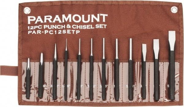 Paramount - 12 Piece Punch & Chisel Set - 3/8 to 5/8" Chisel, 1/16 to 3/8" Punch, Hexagon Shank - Americas Industrial Supply