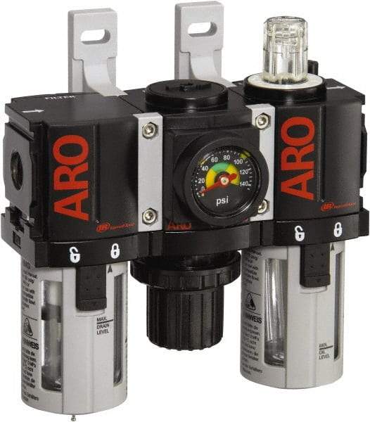ARO/Ingersoll-Rand - 1/8" NPT Port Miniature 3 Piece Filter-Regulator-Lubricator FRL Unit - Polycarbonate Bowl, 34 SCFM, 150 Max psi, 5" High x 4.724" Long, Manual Drain - Americas Industrial Supply