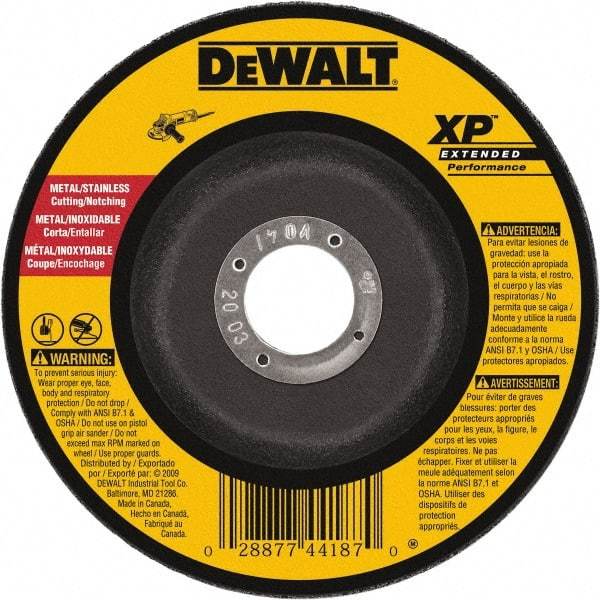 DeWALT - 24 Grit, 9" Wheel Diam, 3/32" Wheel Thickness, Type 27 Depressed Center Wheel - Zirconia Alumina, Resinoid Bond, 6,600 Max RPM - Americas Industrial Supply