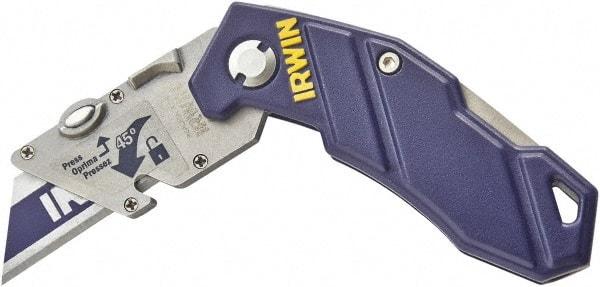 Irwin - Fixed Folding Utility Knife - Blue Aluminum Handle, 1 Blade Included - Americas Industrial Supply