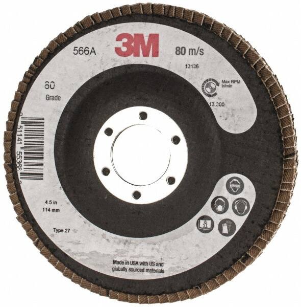 3M - 80 Grit, 4-1/2" Disc Diam, Type 27 Flap Disc - Cloth Backing, Arbor Attaching System - Americas Industrial Supply