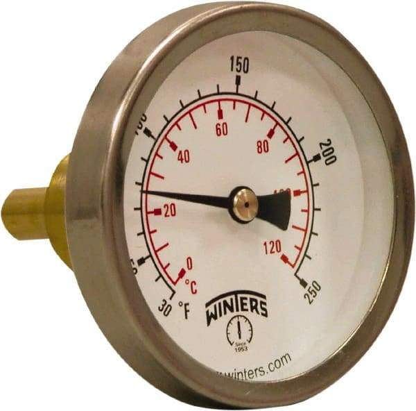 Winters - 30 to 250°F, Industrial Thermometer with Standard Thermowell - 1 Inch Immersion Length, 2.012 Inch Stem Length, 2 Inch Long, 3/4 Inch Thread - Americas Industrial Supply