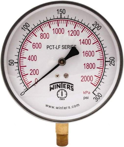 Winters - 4-1/2" Dial, 1/4 Thread, 0-300 Scale Range, Pressure Gauge - Lower Connection Mount, Accurate to 0.01% of Scale - Americas Industrial Supply