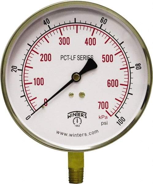 Winters - 4-1/2" Dial, 1/4 Thread, 0-100 Scale Range, Pressure Gauge - Lower Connection Mount, Accurate to 0.01% of Scale - Americas Industrial Supply