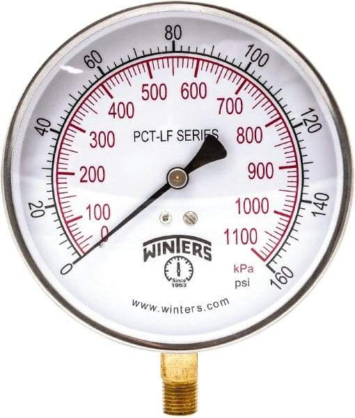 Winters - 4-1/2" Dial, 1/4 Thread, 0-160 Scale Range, Pressure Gauge - Lower Connection Mount, Accurate to 0.01% of Scale - Americas Industrial Supply