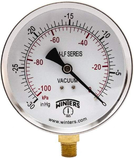 Winters - 4" Dial, 1/4 Thread, 30" HG Vac Scale Range, Pressure Gauge - Lower Connection Mount, Accurate to 3-2-3% of Scale - Americas Industrial Supply