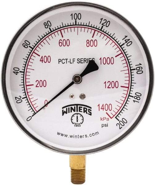 Winters - 4-1/2" Dial, 1/4 Thread, 0-200 Scale Range, Pressure Gauge - Lower Connection Mount, Accurate to 0.01% of Scale - Americas Industrial Supply