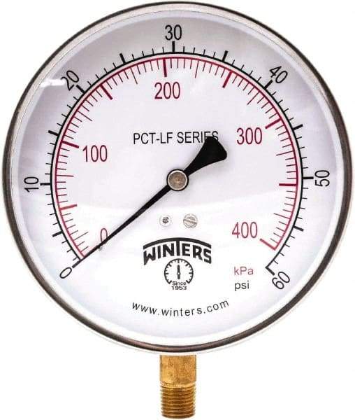 Winters - 4-1/2" Dial, 1/4 Thread, 0-60 Scale Range, Pressure Gauge - Lower Connection Mount, Accurate to 0.01% of Scale - Americas Industrial Supply