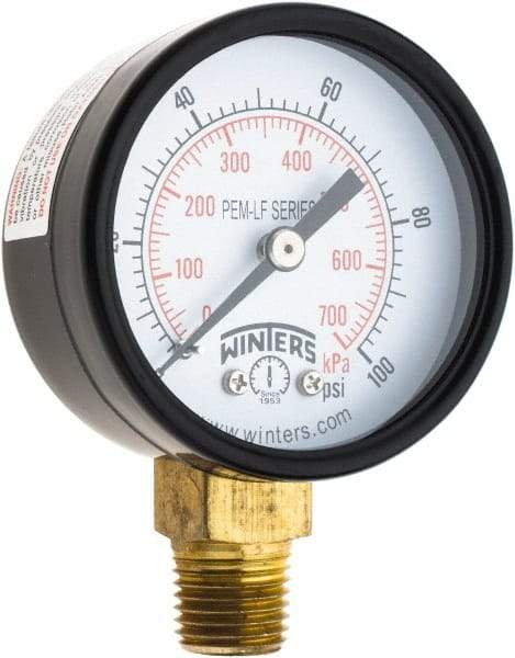 Winters - 2" Dial, 1/4 Thread, 0-100 Scale Range, Pressure Gauge - Lower Connection Mount, Accurate to 3-2-3% of Scale - Americas Industrial Supply