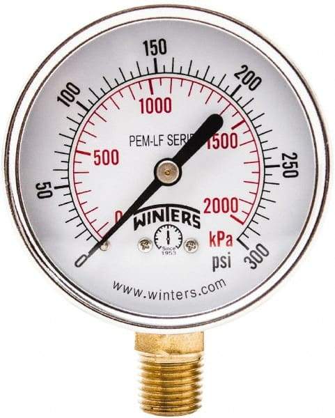 Winters - 2-1/2" Dial, 1/4 Thread, 0-300 Scale Range, Pressure Gauge - Lower Connection Mount, Accurate to 3-2-3% of Scale - Americas Industrial Supply