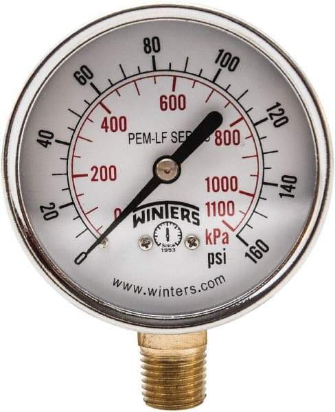 Winters - 2-1/2" Dial, 1/4 Thread, 0-160 Scale Range, Pressure Gauge - Lower Connection Mount, Accurate to 3-2-3% of Scale - Americas Industrial Supply