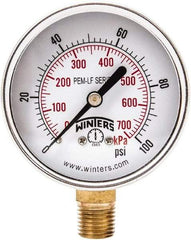 Winters - 2-1/2" Dial, 1/4 Thread, 0-100 Scale Range, Pressure Gauge - Lower Connection Mount, Accurate to 3-2-3% of Scale - Americas Industrial Supply