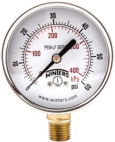 Winters - 2-1/2" Dial, 1/4 Thread, 0-60 Scale Range, Pressure Gauge - Lower Connection Mount, Accurate to 3-2-3% of Scale - Americas Industrial Supply