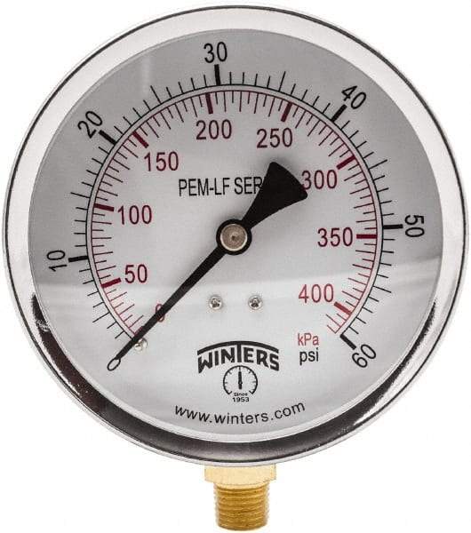 Winters - 4" Dial, 1/4 Thread, 0-60 Scale Range, Pressure Gauge - Lower Connection Mount, Accurate to 3-2-3% of Scale - Americas Industrial Supply