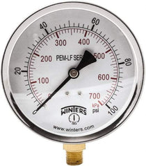 Winters - 4" Dial, 1/4 Thread, 0-100 Scale Range, Pressure Gauge - Lower Connection Mount, Accurate to 3-2-3% of Scale - Americas Industrial Supply