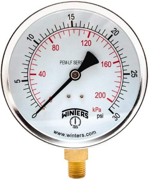 Winters - 4" Dial, 1/4 Thread, 0-30 Scale Range, Pressure Gauge - Lower Connection Mount, Accurate to 3-2-3% of Scale - Americas Industrial Supply