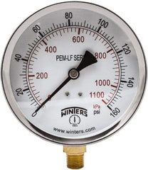 Winters - 4" Dial, 1/4 Thread, 0-160 Scale Range, Pressure Gauge - Lower Connection Mount, Accurate to 3-2-3% of Scale - Americas Industrial Supply