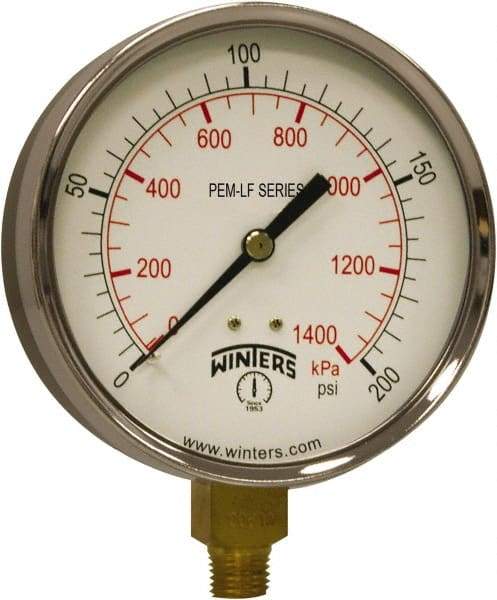 Winters - 4" Dial, 1/4 Thread, 0-200 Scale Range, Pressure Gauge - Lower Connection Mount, Accurate to 3-2-3% of Scale - Americas Industrial Supply