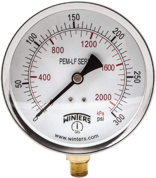 Winters - 4" Dial, 1/4 Thread, 0-300 Scale Range, Pressure Gauge - Lower Connection Mount, Accurate to 3-2-3% of Scale - Americas Industrial Supply