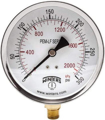 Winters - 4" Dial, 1/4 Thread, 0-300 Scale Range, Pressure Gauge - Lower Connection Mount, Accurate to 3-2-3% of Scale - Americas Industrial Supply