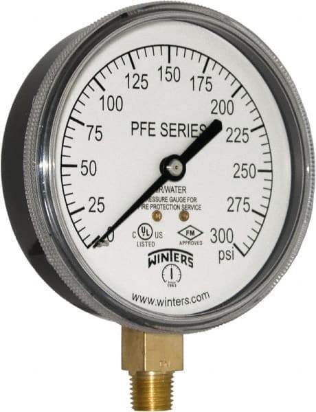 Winters - 3-1/2" Dial, 1/4 Thread, 0-300 Scale Range, Pressure Gauge - Lower Connection Mount, Accurate to 3-2-3% of Scale - Americas Industrial Supply