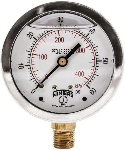 Winters - 2-1/2" Dial, 1/4 Thread, 0-60 Scale Range, Pressure Gauge - Lower Connection Mount, Accurate to 1.5% of Scale - Americas Industrial Supply