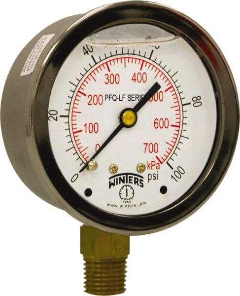 Winters - 2-1/2" Dial, 1/4 Thread, 0-100 Scale Range, Pressure Gauge - Lower Connection Mount, Accurate to 1.5% of Scale - Americas Industrial Supply