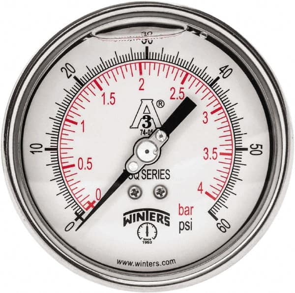 Winters - 4" Dial, 1-1/2 Thread, 0-60 Scale Range, Pressure Gauge - Center Back Connection Mount, Accurate to 0.01% of Scale - Americas Industrial Supply