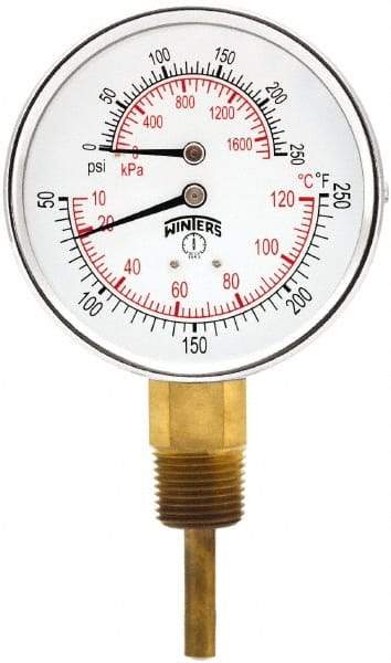 Winters - 3" Dial, 1/2 Thread, 0-250 Scale Range, Pressure Gauge - Lower Connection Mount, Accurate to 0.03% of Scale - Americas Industrial Supply