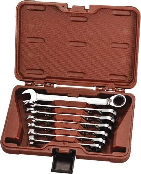 Paramount - 7 Piece, 10mm to 18mm, 12 Point Reversible Ratcheting Combination Wrench Set - Metric Measurement Standard, Full Polish Chrome Finish, Comes in Blow Molded Case - Americas Industrial Supply