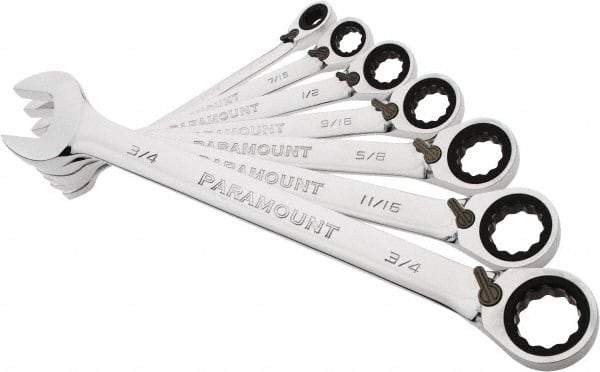 Paramount - 7 Piece, 3/8" to 3/4", 12 Point Reversible Ratcheting Combination Wrench Set - Inch Measurement Standard, Full Polish Chrome Finish, Comes in Blow Molded Case - Americas Industrial Supply