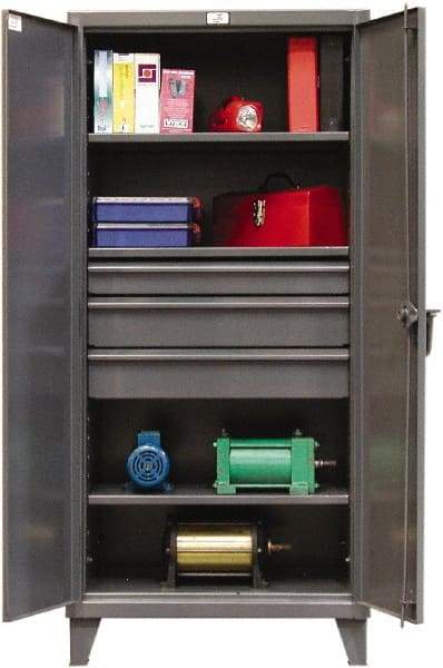 Strong Hold - 3 Shelf 4 Bin Locking Storage Cabinet - Steel, 36" Wide x 24" Deep x 78" High, Dark Gray - Americas Industrial Supply