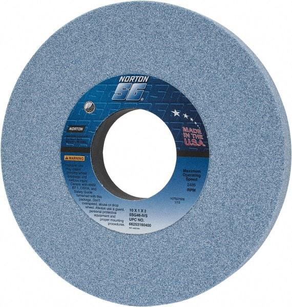 Norton - 10" Diam x 3" Hole x 1" Thick, I Hardness, 46 Grit Surface Grinding Wheel - Ceramic, Type 1, Coarse Grade, 2,485 Max RPM, Vitrified Bond, No Recess - Americas Industrial Supply