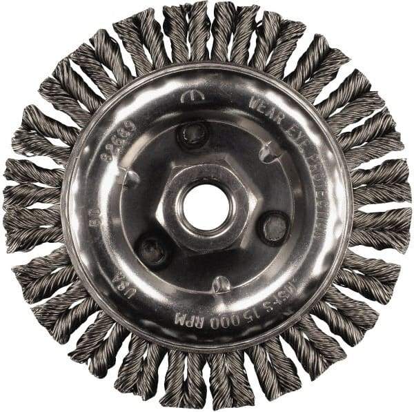 PFERD - 6" OD, 5/8-11 Arbor Hole, Knotted Stainless Steel Wheel Brush - 3/16" Face Width, 1-1/2" Trim Length, 0.02" Filament Diam, 12,500 RPM - Americas Industrial Supply