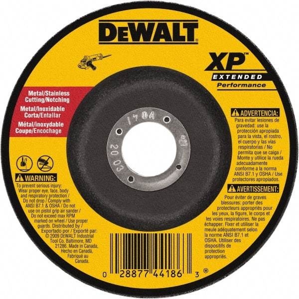 DeWALT - 24 Grit, 9" Wheel Diam, 3/32" Wheel Thickness, 7/8" Arbor Hole, Type 27 Depressed Center Wheel - Zirconia Alumina, Resinoid Bond, 6,600 Max RPM - Americas Industrial Supply