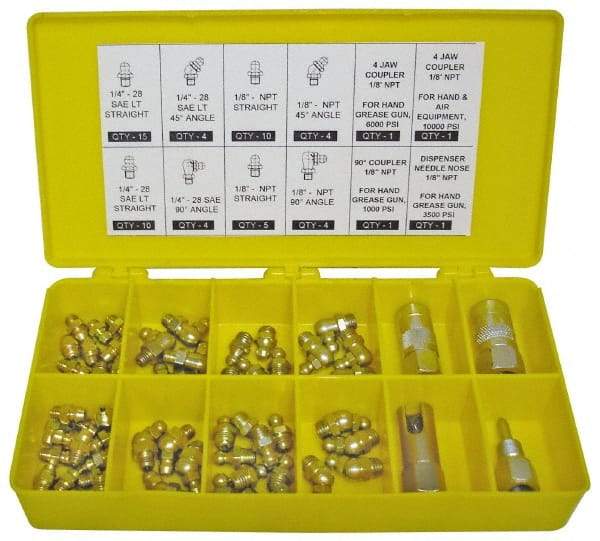 PRO-LUBE - 60 Piece, Inch, Box Plastic Steel Grease Fitting Set - Includes PTF, UNF Thread Types, Includes 1/4-28 SAE-LT: (25) Straight, (4) 45°, (4) 90°, 1/8-27 PTF: (15) Straight, (4) 45°, (4) 90° - Americas Industrial Supply