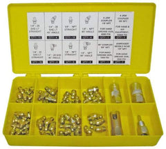 PRO-LUBE - 60 Piece, Inch, Box Plastic Steel Grease Fitting Set - Includes PTF, UNF Thread Types, Includes 1/4-28 SAE-LT: (25) Straight, (4) 45°, (4) 90°, 1/8-27 PTF: (15) Straight, (4) 45°, (4) 90° - Americas Industrial Supply