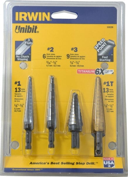 Irwin - 1/8 to 3/4", TiN Finish, High Speed Steel Step Drill Bit Set - Americas Industrial Supply