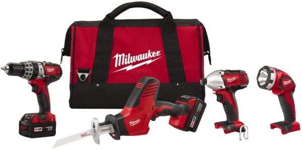 Milwaukee Tool - 18 Volt Cordless Tool Combination Kit - Includes 1/2" Hammer Drill, 1/4" Hex Impact Driver & One-Handed Hackzall Reciprocating Saw, Lithium-Ion Battery Included - Americas Industrial Supply