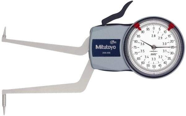 Mitutoyo - 2.8 to 3.6" Inside Dial Caliper Gage - 0.0005" Graduation, 0.0015" Accuracy, 3.3" Leg Length, 0.31" Deep x 0.06" Wide Groove, Ball Contact Points - Americas Industrial Supply