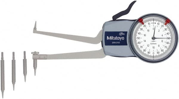 Mitutoyo - 50 to 100mm Inside Dial Caliper Gage - 0.01mm Graduation, 0.03mm Accuracy, 85mm Leg Length, 8.3mm Deep x 1.2mm Wide Groove, Ball Contact Points - Americas Industrial Supply