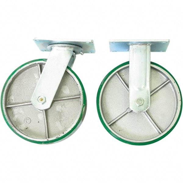 Wesco Industrial Products - 8" Diam x 2" Wide x 9-1/2" OAH Top Plate Mount Dual Swivel & Rigid Caster - Mold on Polyurethane, 4,000 Lb Capacity, Sealed Ball Bearing, 5 x 5-1/2" Plate - Americas Industrial Supply