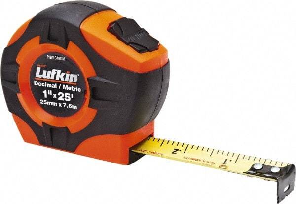 Lufkin - 26' x 1" Yellow Blade Tape Measure - 1/10 & 1/100' Graduation, A29 Graduation Style, High-Visibility Orange Case - Americas Industrial Supply