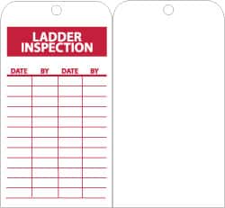 NMC - 3" High x 6" Long, LADDER INSPECTION, English Safety & Facility Inspection Tag - Tag Header: Notice, 1 Side, Red & White Unrippable Vinyl - Americas Industrial Supply