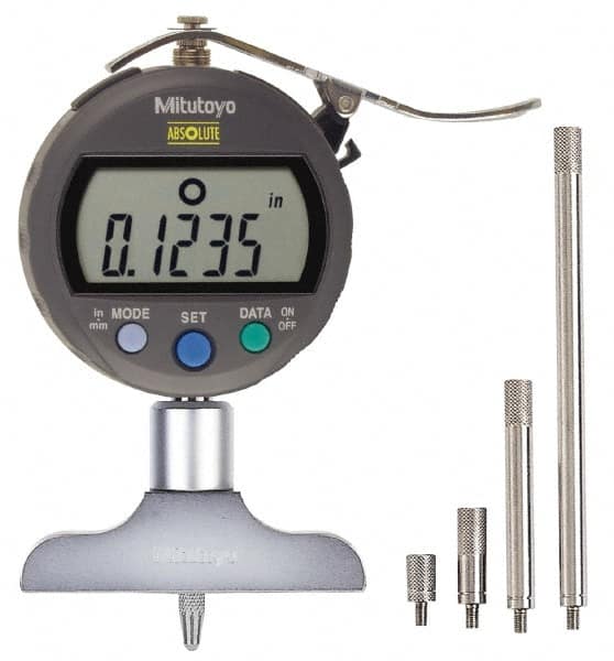 Mitutoyo - 0" to 8" Stainless Steel Electronic Depth Gage - 0.001" Accuracy, 0.01mm Resolution, 2-1/2" Base Length - Americas Industrial Supply
